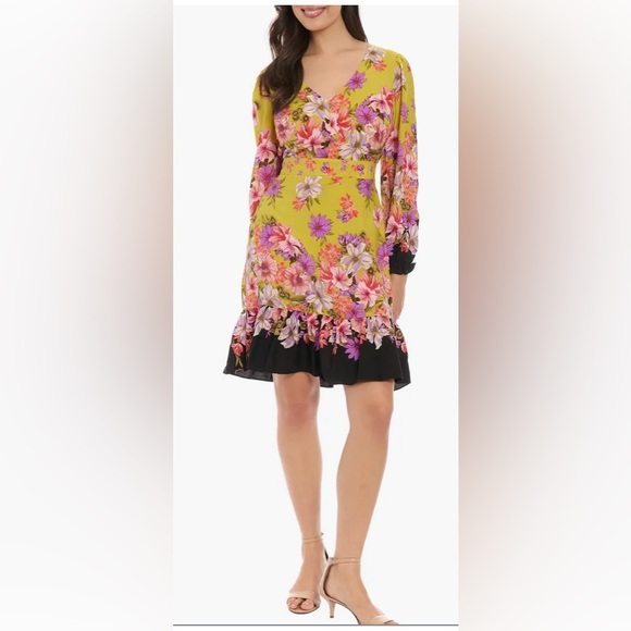 London Times Dresses & Skirts - Mustard Gold Floral Dress with Purple, Pink, & Black Accents Long Sleeve Size 10